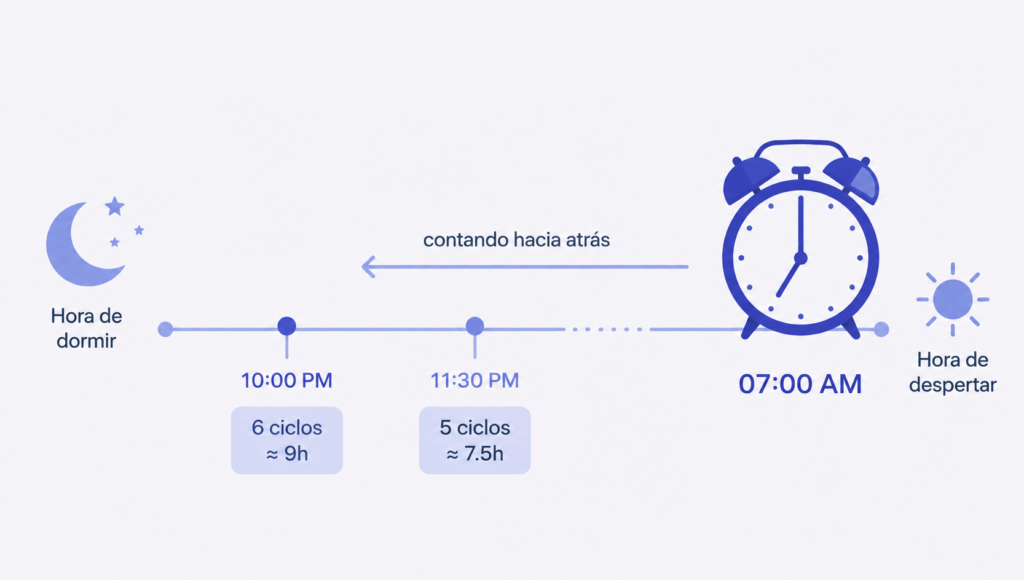 Ciclos de Sueño: Cuántos Necesitas para Despertar Descansado Ejemplo visual de cómo calcular ciclos de sueño hacia atrás desde la hora de despertar