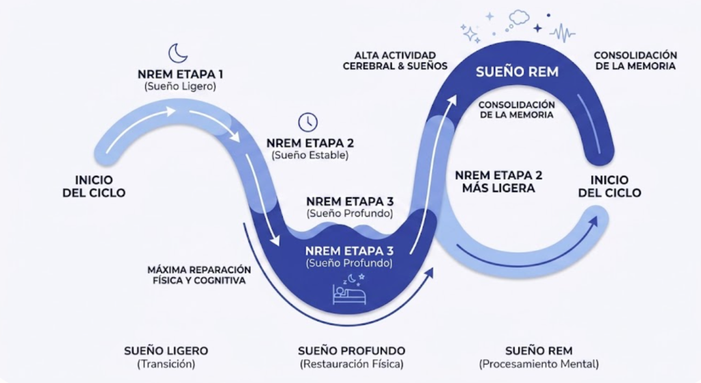 Las 4 Etapas del Sueño: Ligero, Profundo y REM Ciclo del sueño con etapas NREM y REM