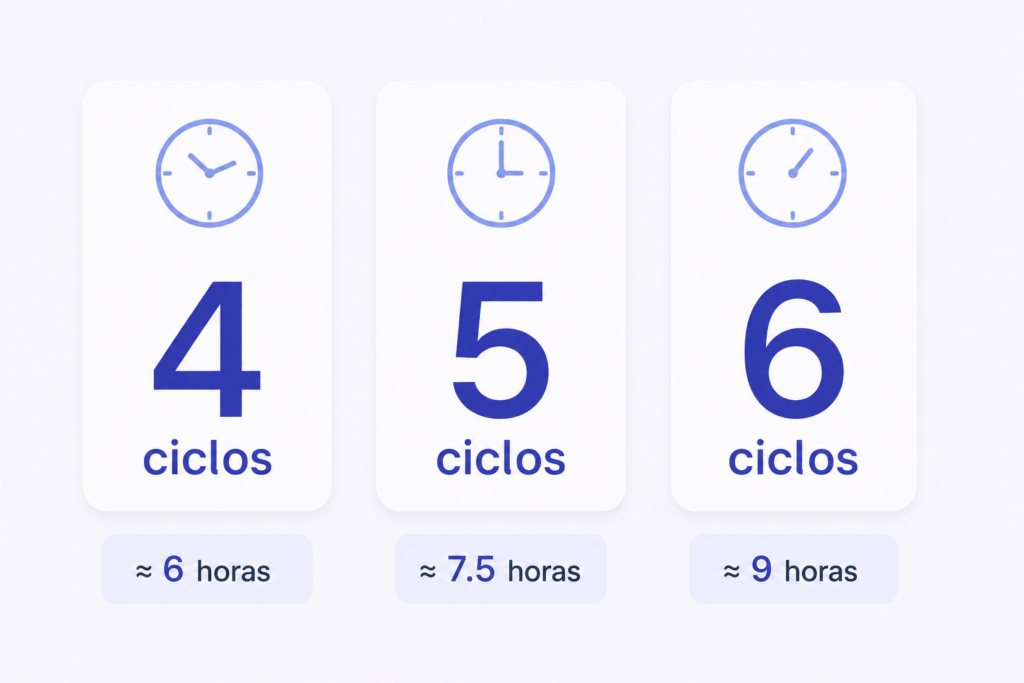Ciclos de Sueño: Cuántos Necesitas para Despertar Descansado Infografía que muestra cuántas horas de sueño equivalen a 4, 5 y 6 ciclos de sueño