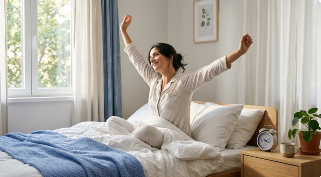 Cómo Recuperar tu Horario de Sueño en Pocos Días Persona despertándose por la mañana para mejorar su horario de sueño