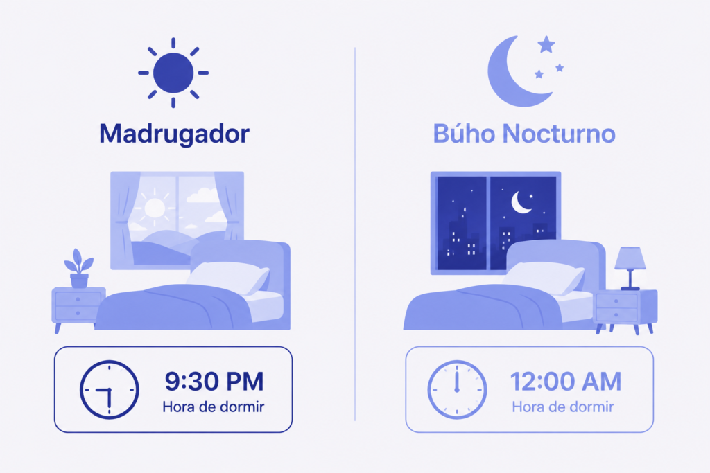 ¿A Qué Hora Debo Dormir? Calcula tu Hora Ideal Comparación visual entre cronotipo madrugador y búho nocturno y su hora de dormir ideal