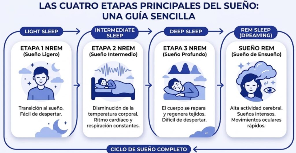 Las 4 Etapas del Sueño: Ligero, Profundo y REM Cuatro etapas del sueño NREM y REM