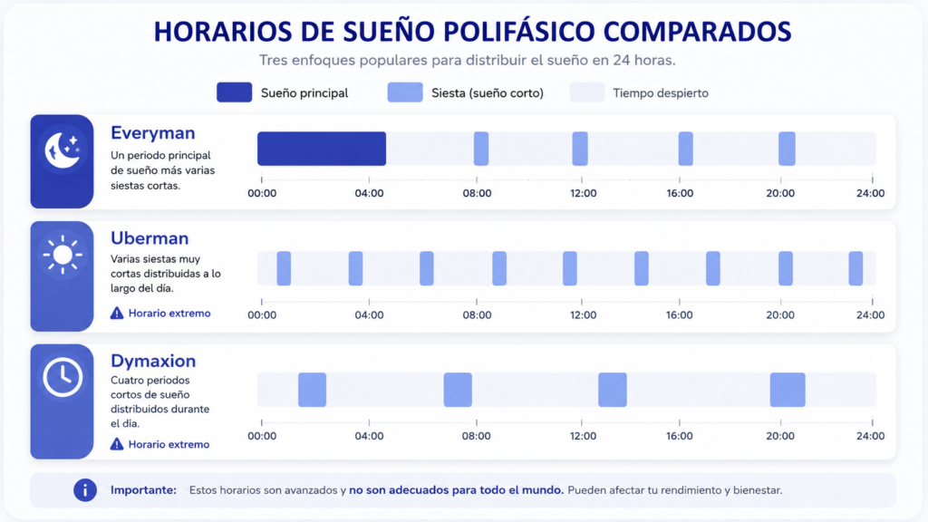 Sueño Polifásico: Qué Es y Cómo Empezar Comparación de los horarios de sueño Everyman, Uberman y Dymaxion