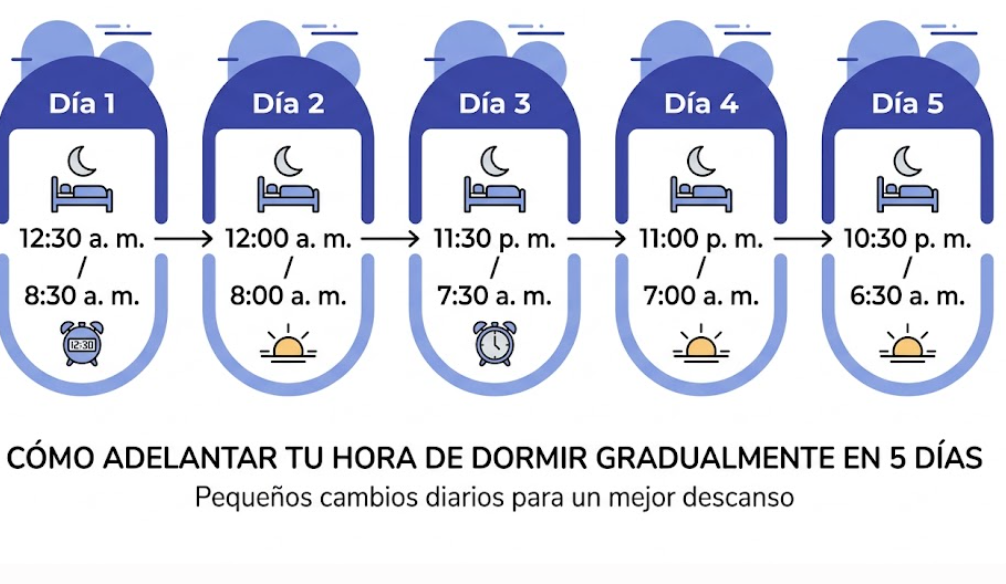 Cómo Recuperar tu Horario de Sueño en Pocos Días Ejemplo de horario de sueño gradual para adelantar la hora de acostarse