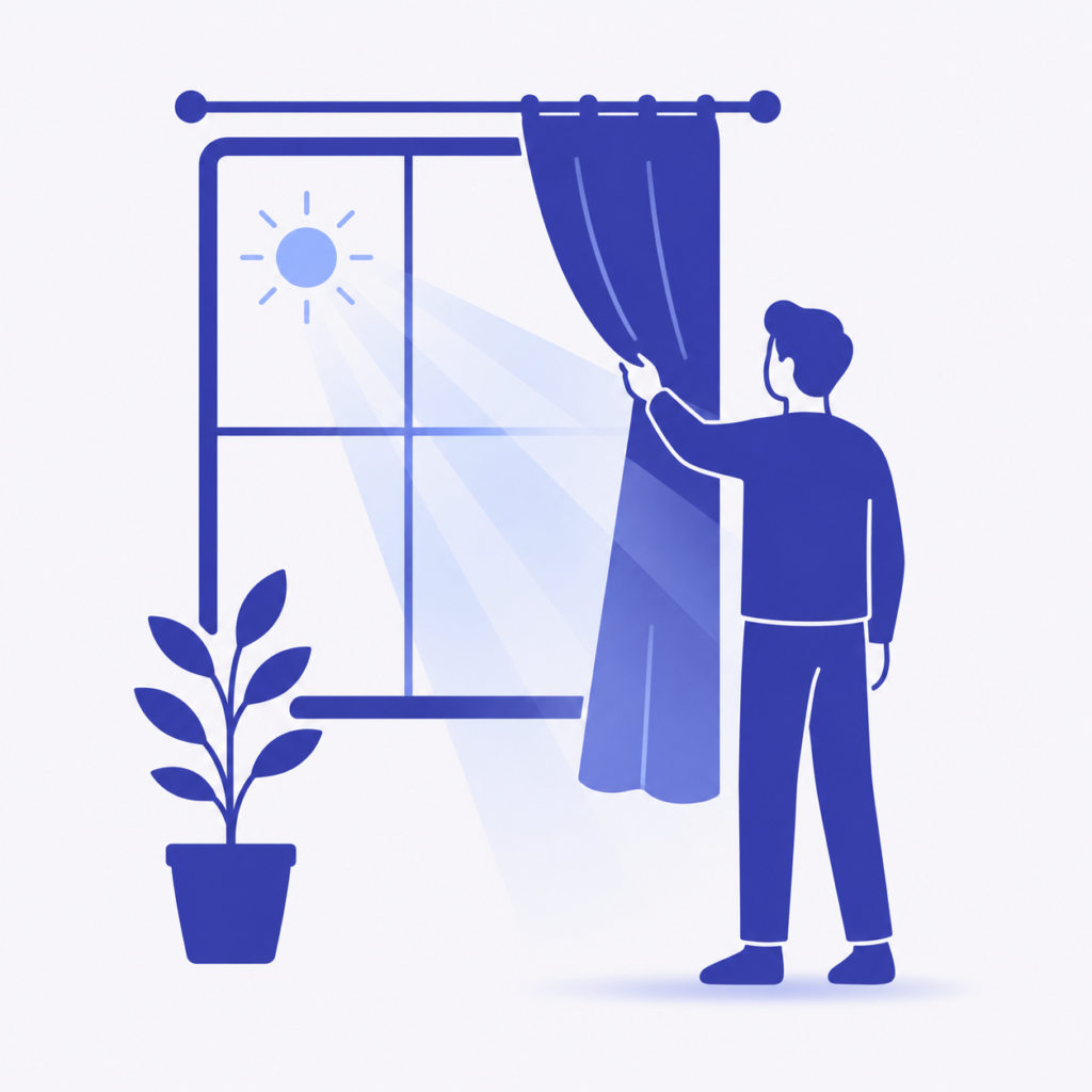 Ritmos Circadianos Persona abriendo las cortinas para recibir luz natural por la mañana y regular su reloj biológico