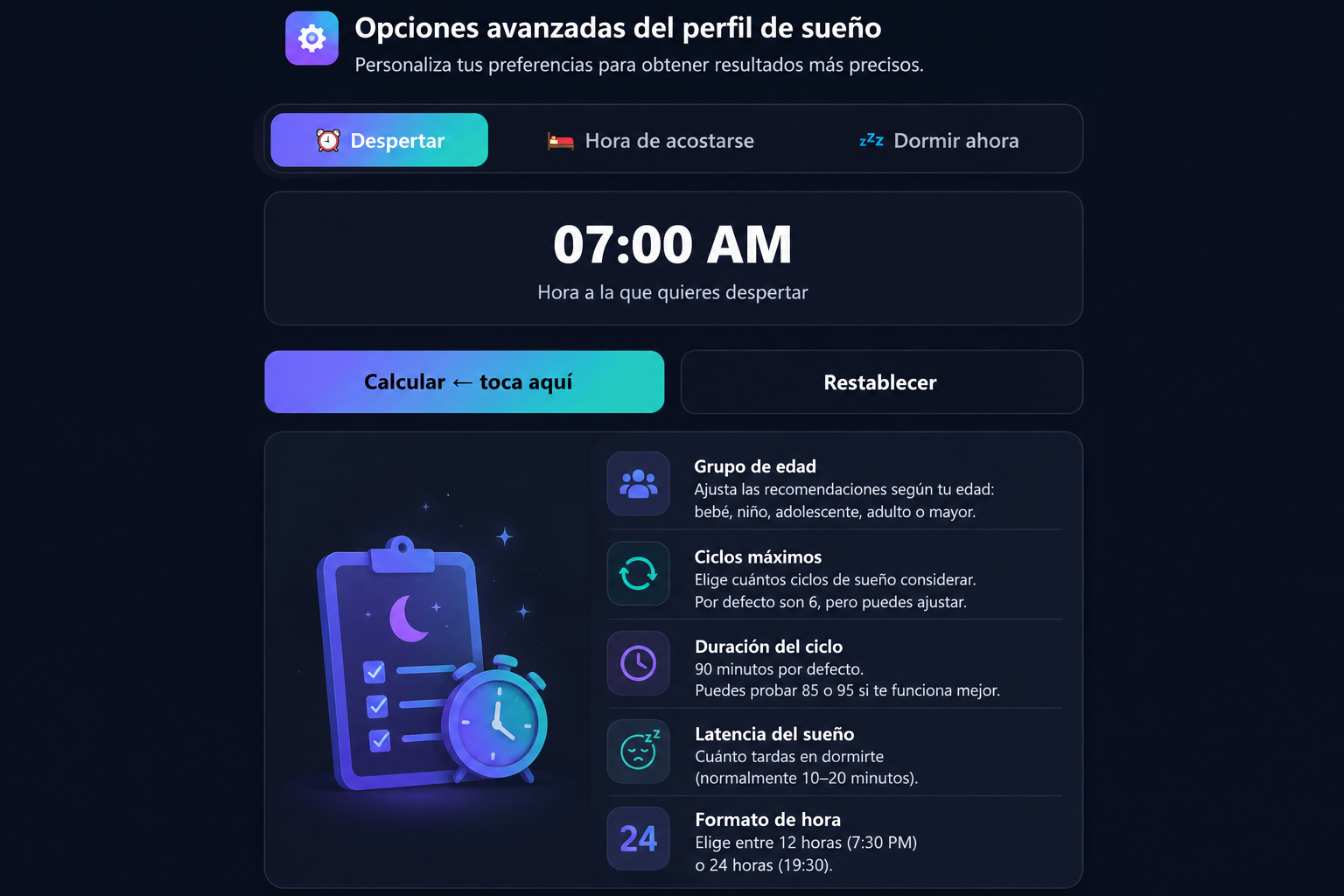 Calculadora de Sueño Opciones avanzadas del perfil de sueño de la calculadora de sueño