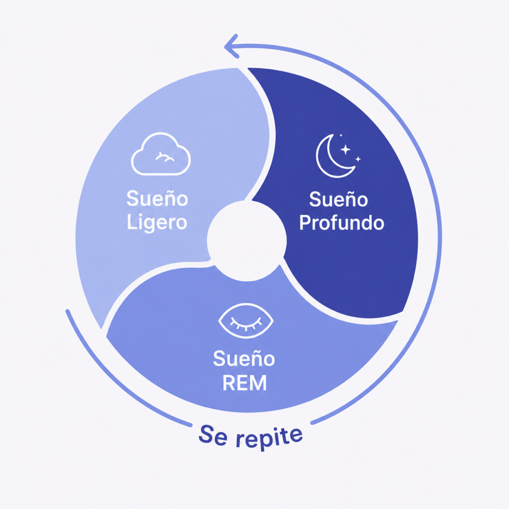 Ciclos de Sueño: Cuántos Necesitas para Despertar Descansado Diagrama circular explicando las etapas de un ciclo de sueño: ligero, profundo y REM