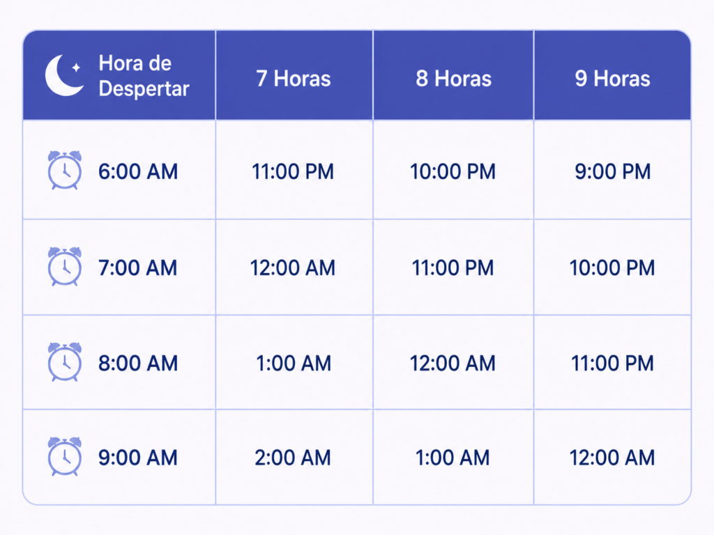 ¿A Qué Hora Debo Dormir? Calcula tu Hora Ideal Tabla que muestra la hora de dormir ideal según la hora de despertar y las horas de sueño deseadas