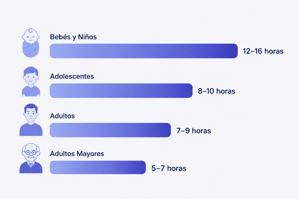 Ciclos de Sueño: Cuántos Necesitas para Despertar Descansado Gráfica comparando cuántas horas de sueño necesitan bebés, adolescentes, adultos y adultos mayores